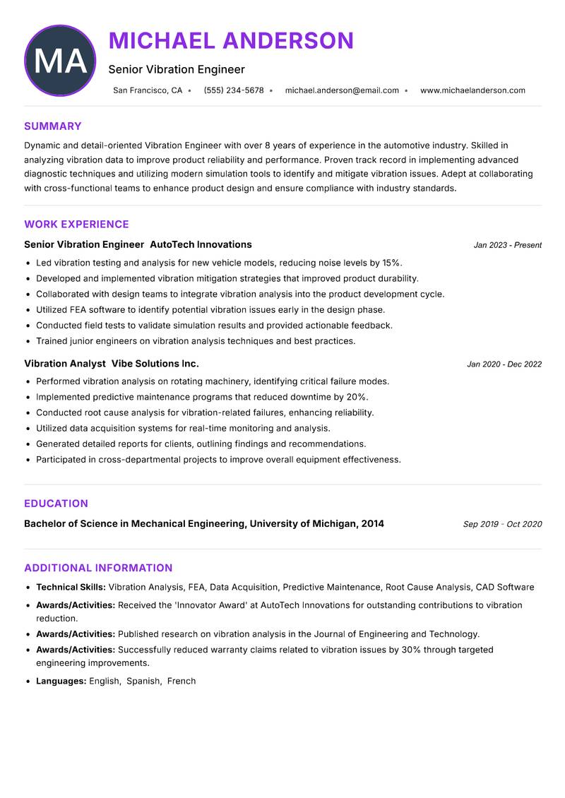 Vibration Engineer resume example