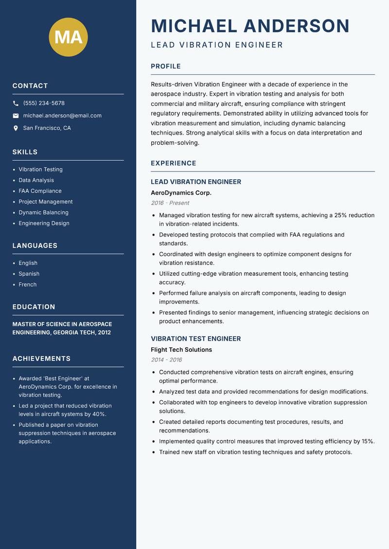 Vibration Engineer resume sample — Lead Vibration Engineer focus