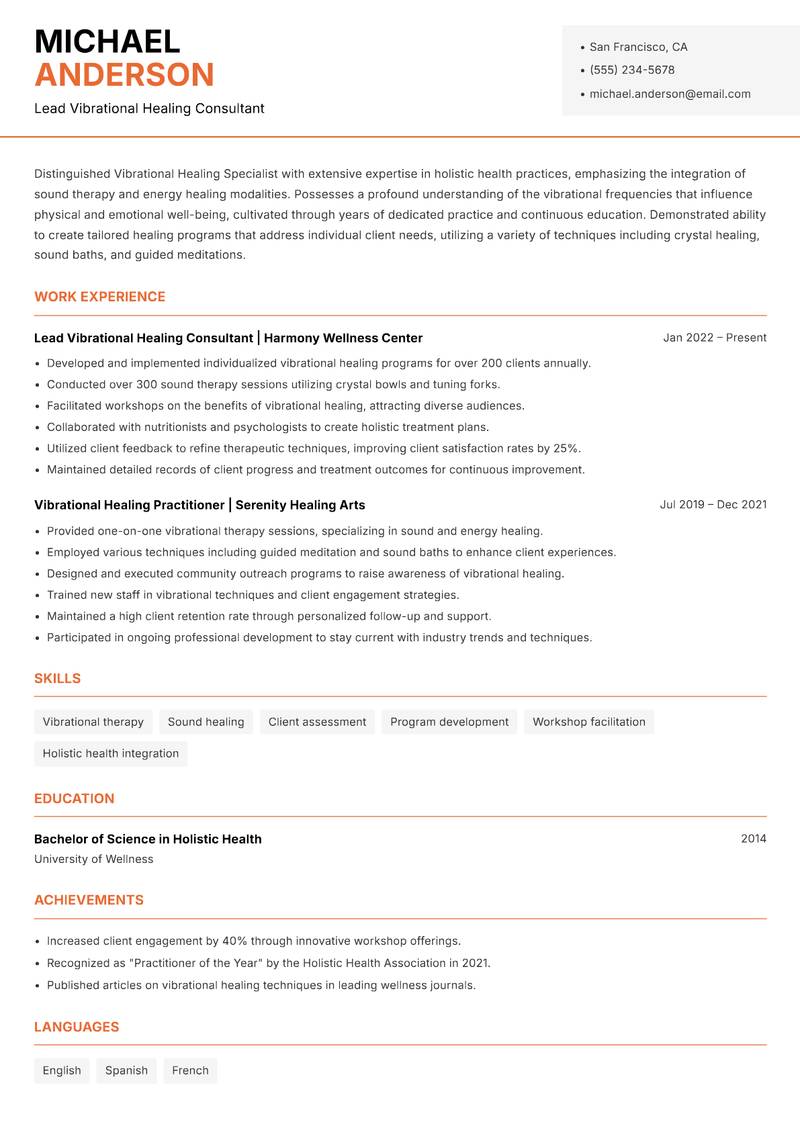 Vibrational Healing Specialist resume sample — Lead Vibrational Healing Consultant focus