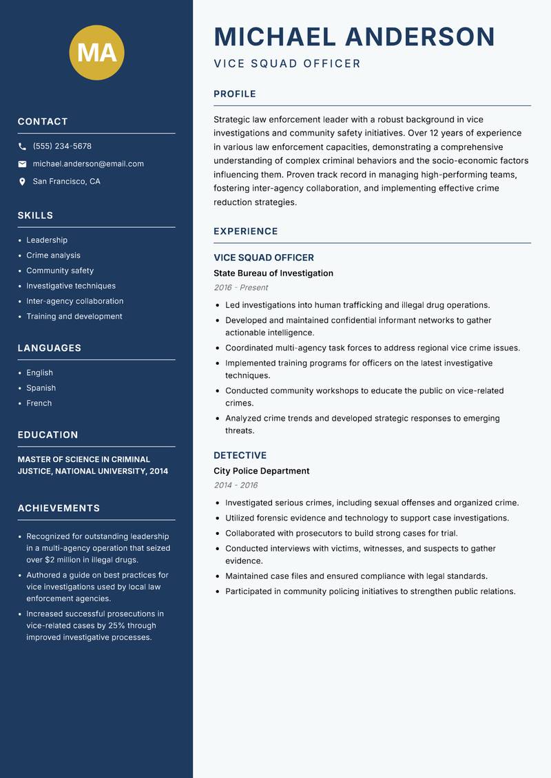 Vice Squad Officer resume sample — Vice Squad Officer focus