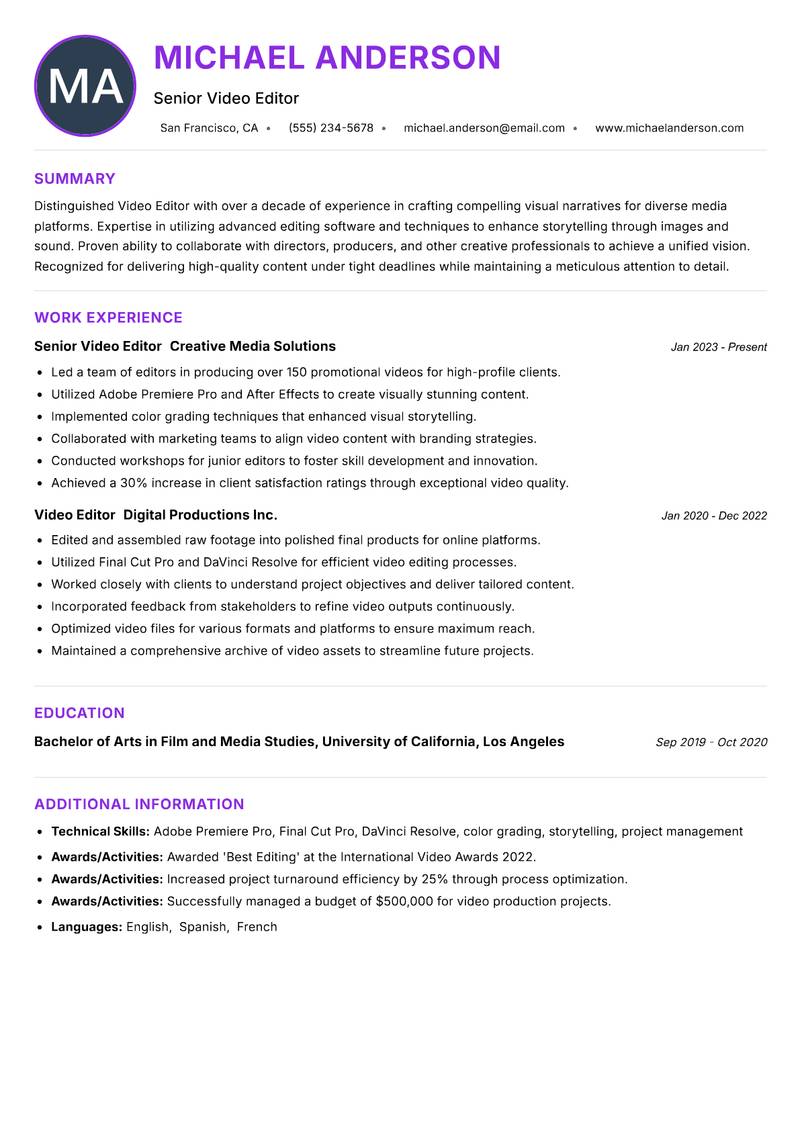 Video Editor resume example