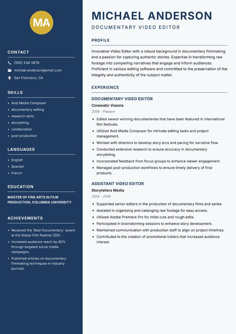 Video Editor resume sample — Documentary Video Editor focus
