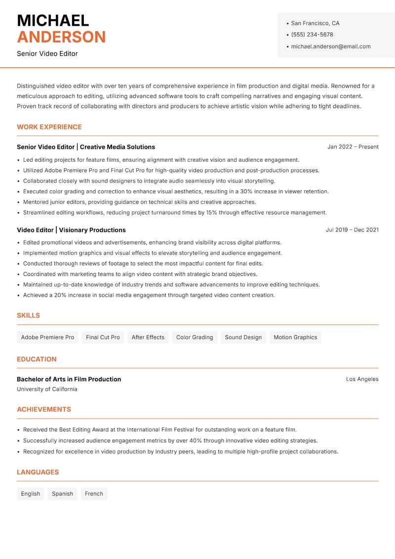 Video Editor resume sample — Senior Video Editor focus