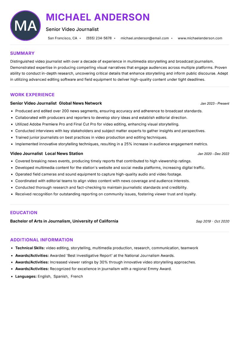 Video Journalist resume example