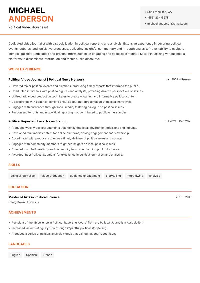 Video Journalist resume sample — Political Video Journalist focus