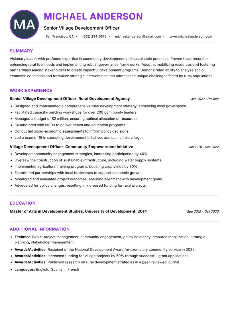 Village Development Officer resume example