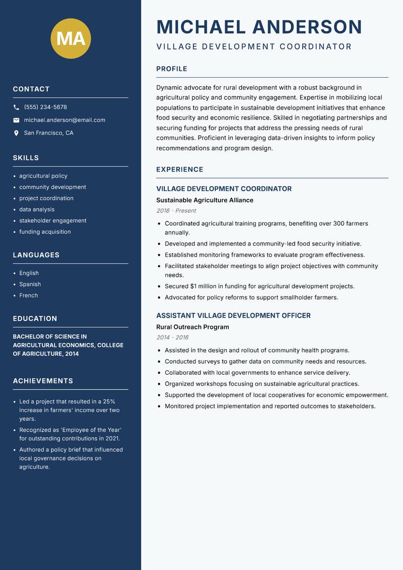 Village Development Officer resume sample — Village Development Coordinator focus