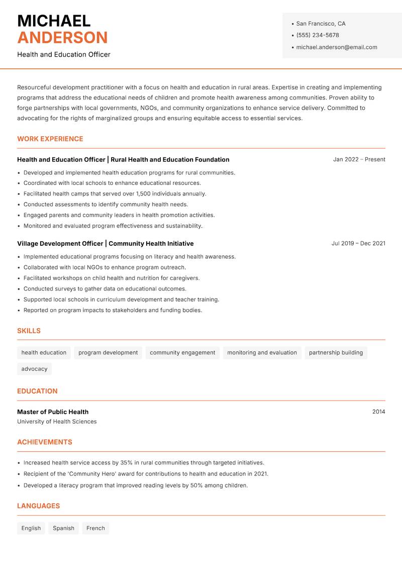Village Development Officer resume sample — Health and Education Officer focus
