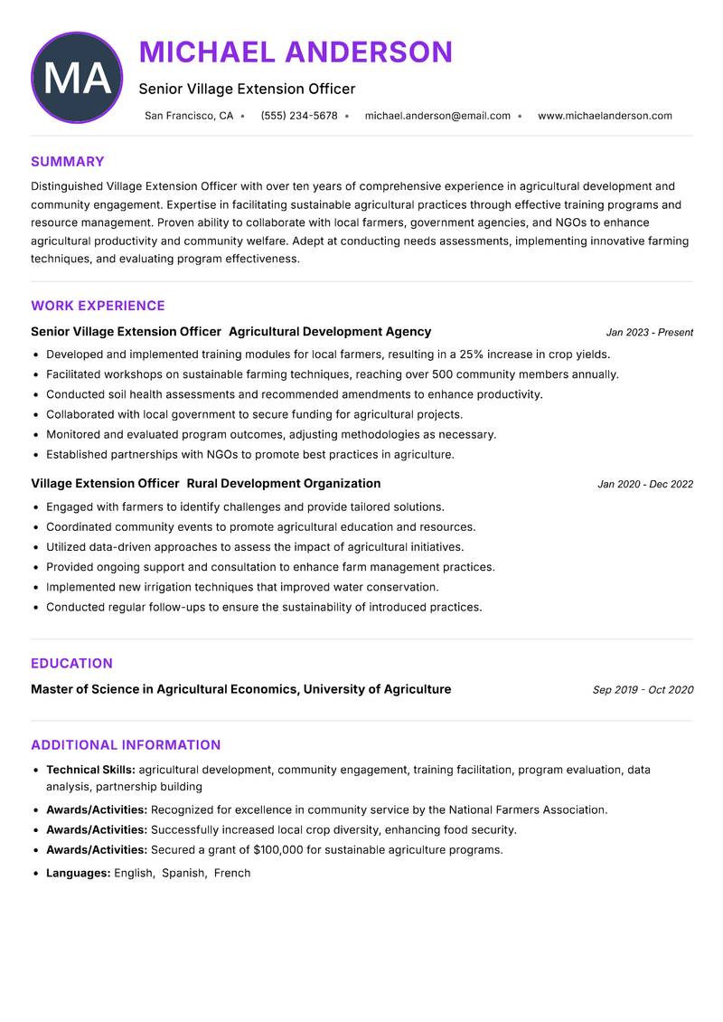 Village Extension Officer resume example