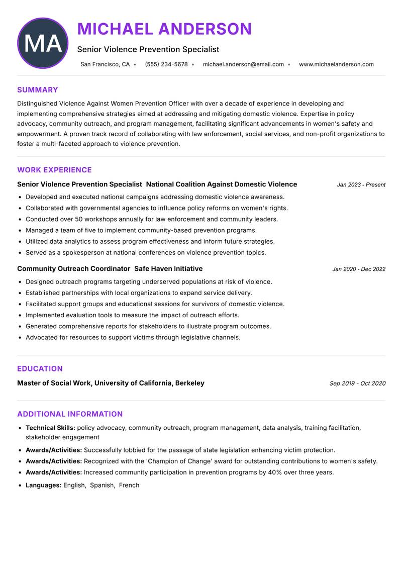 Violence Against Women Prevention Officer resume example