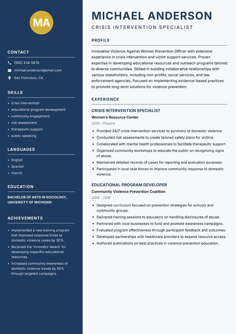 Violence Against Women Prevention Officer resume sample — Crisis Intervention Specialist focus
