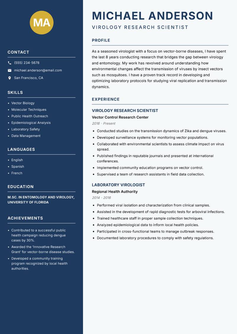 Virologist resume sample — Virology Research Scientist focus