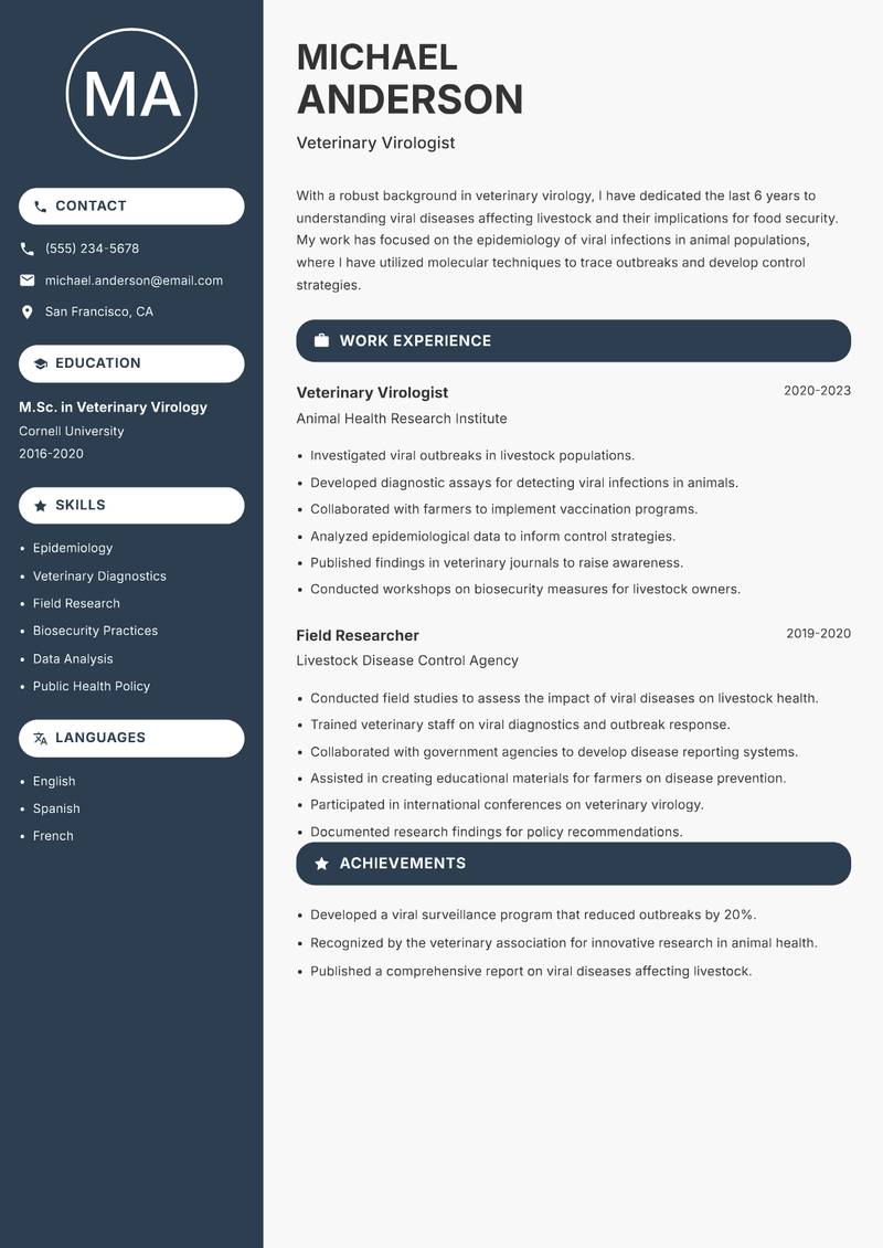 Virologist resume sample — Veterinary Virologist focus