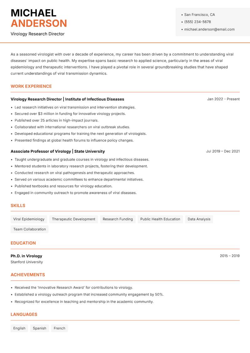 Virologist resume sample — Virology Research Director focus