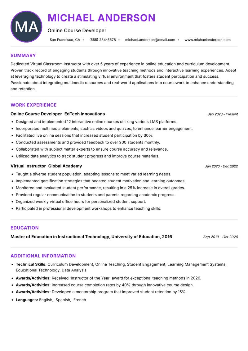 Virtual Classroom Instructor resume example