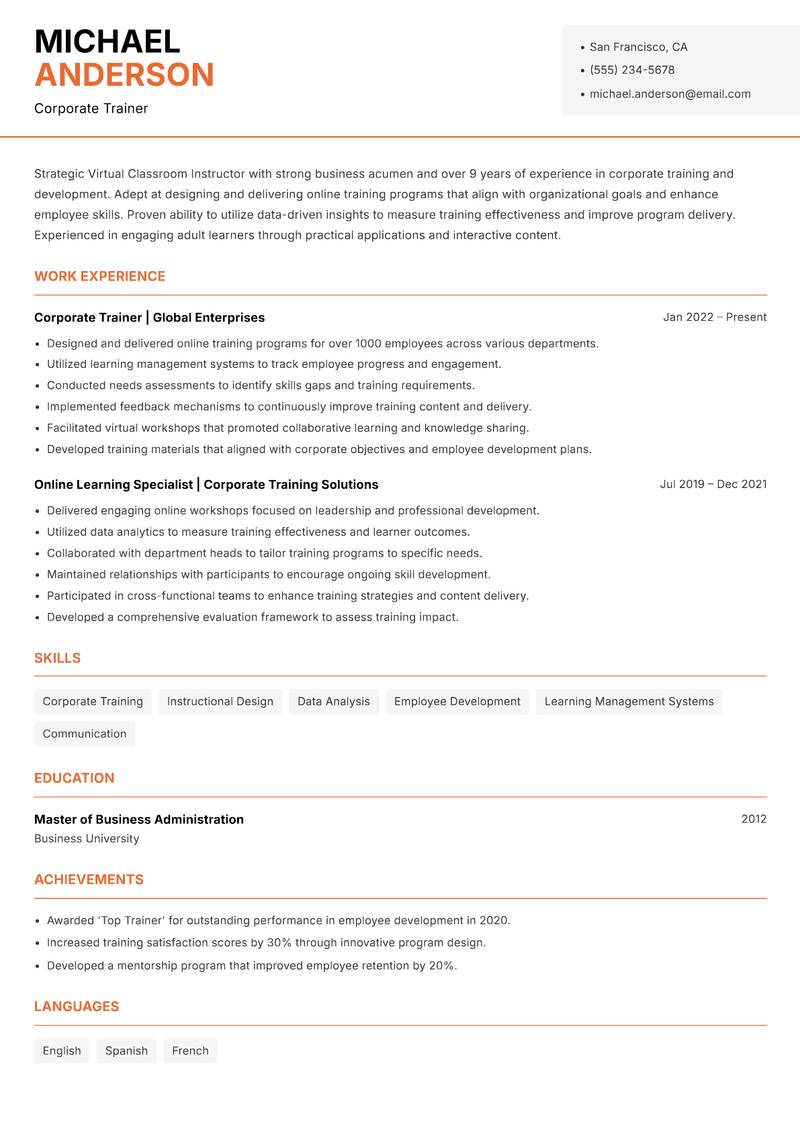 Virtual Classroom Instructor resume sample — Corporate Trainer focus