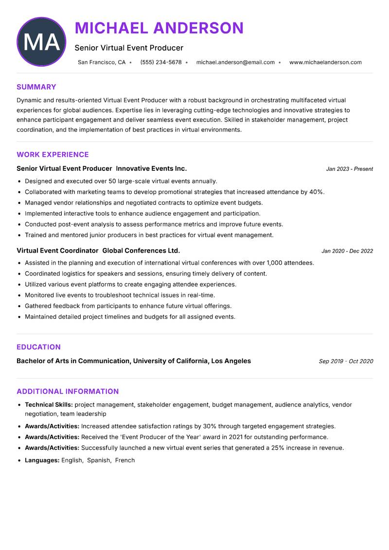 Virtual Event Producer resume example