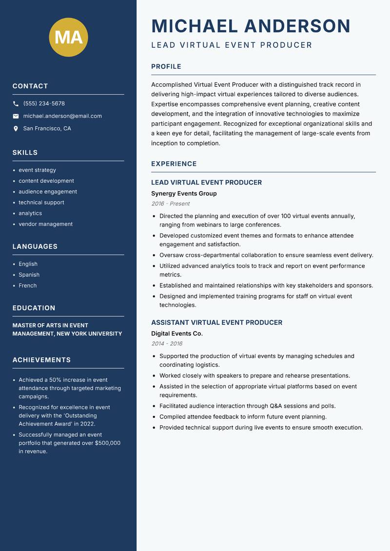 Virtual Event Producer resume sample — Lead Virtual Event Producer focus