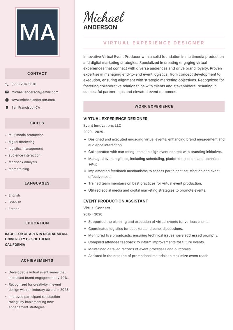 Virtual Event Producer resume sample — Virtual Experience Designer focus