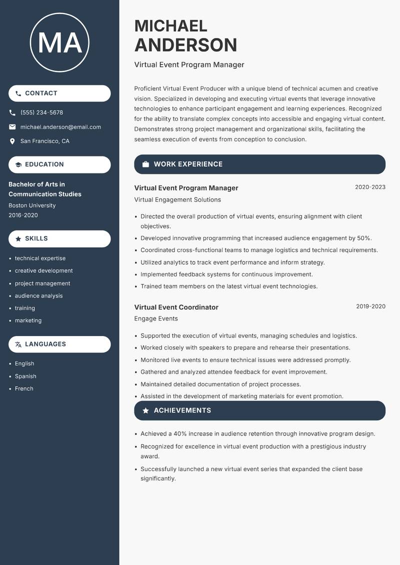 Virtual Event Producer resume sample — Virtual Event Program Manager focus