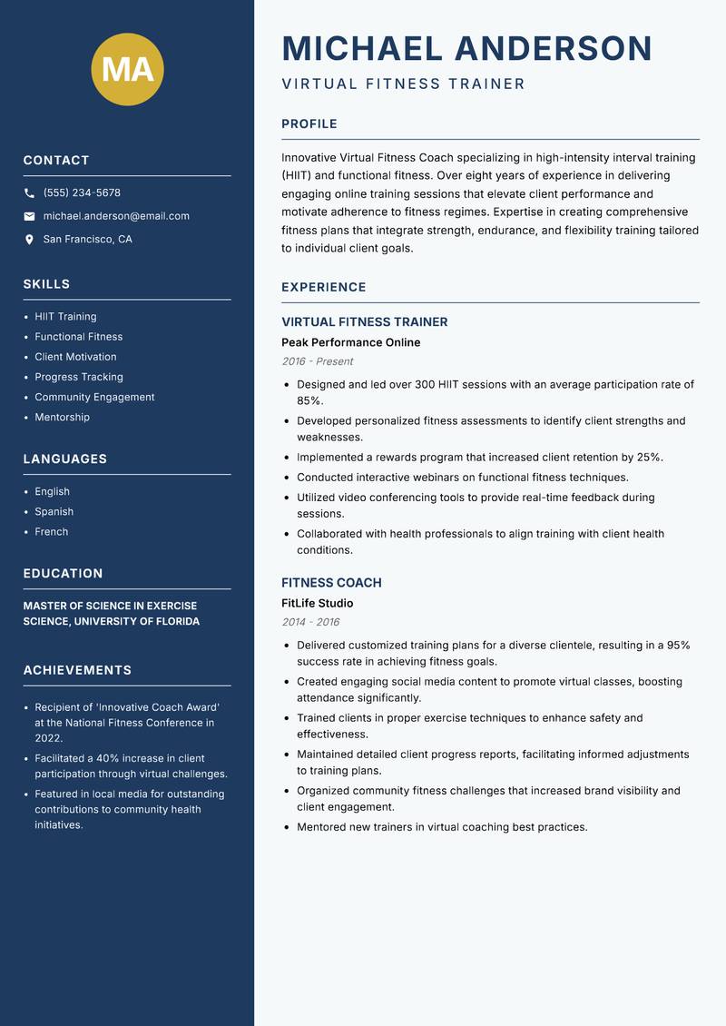 Virtual Fitness Coach resume sample — Virtual Fitness Trainer focus