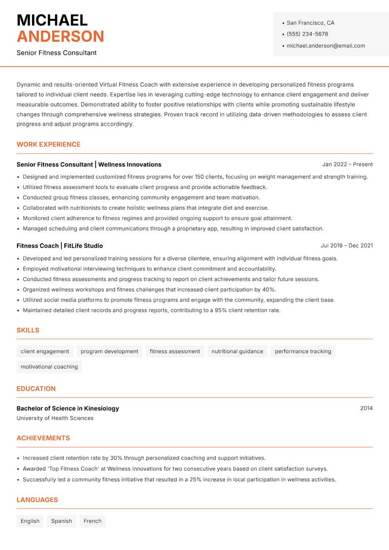 Virtual Fitness Coach resume sample — Senior Fitness Consultant focus
