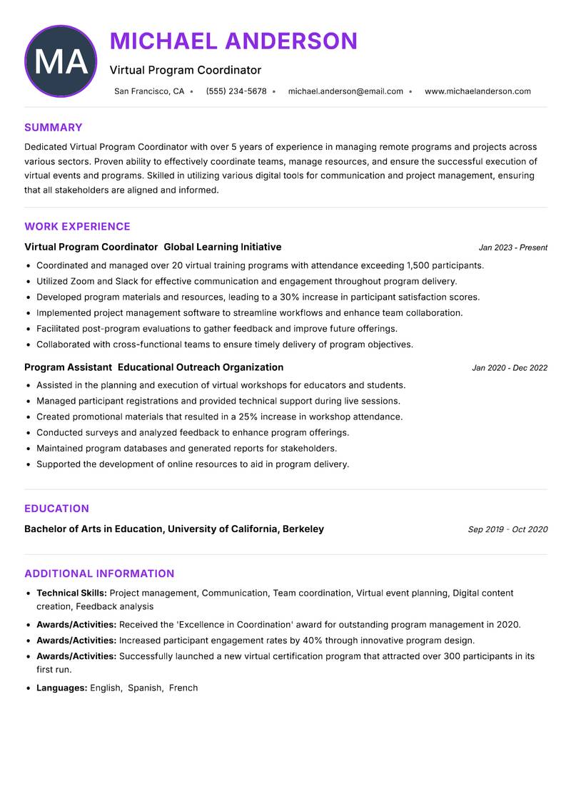 Virtual Program Coordinator resume example