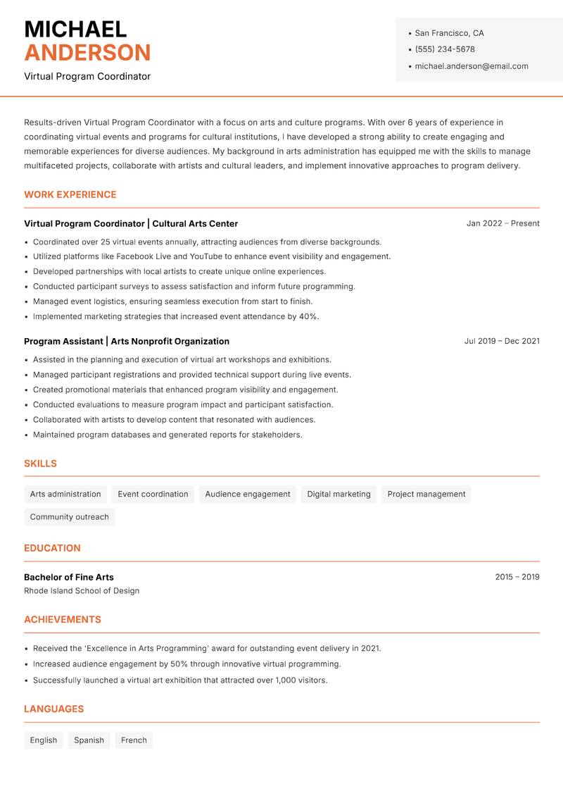Virtual Program Coordinator resume sample — Virtual Program Coordinator focus