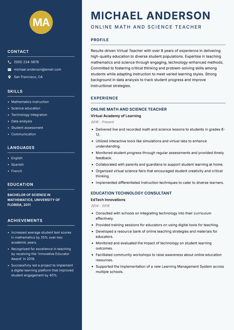 Virtual Teacher resume sample — Online Math and Science Teacher focus