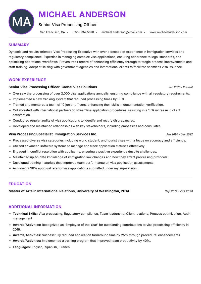 Visa Processing Executive resume example