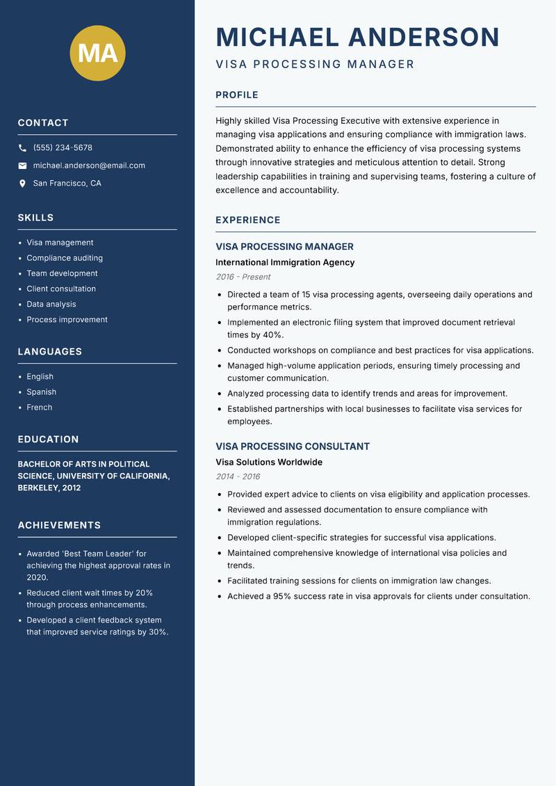 Visa Processing Executive resume sample — Visa Processing Manager focus