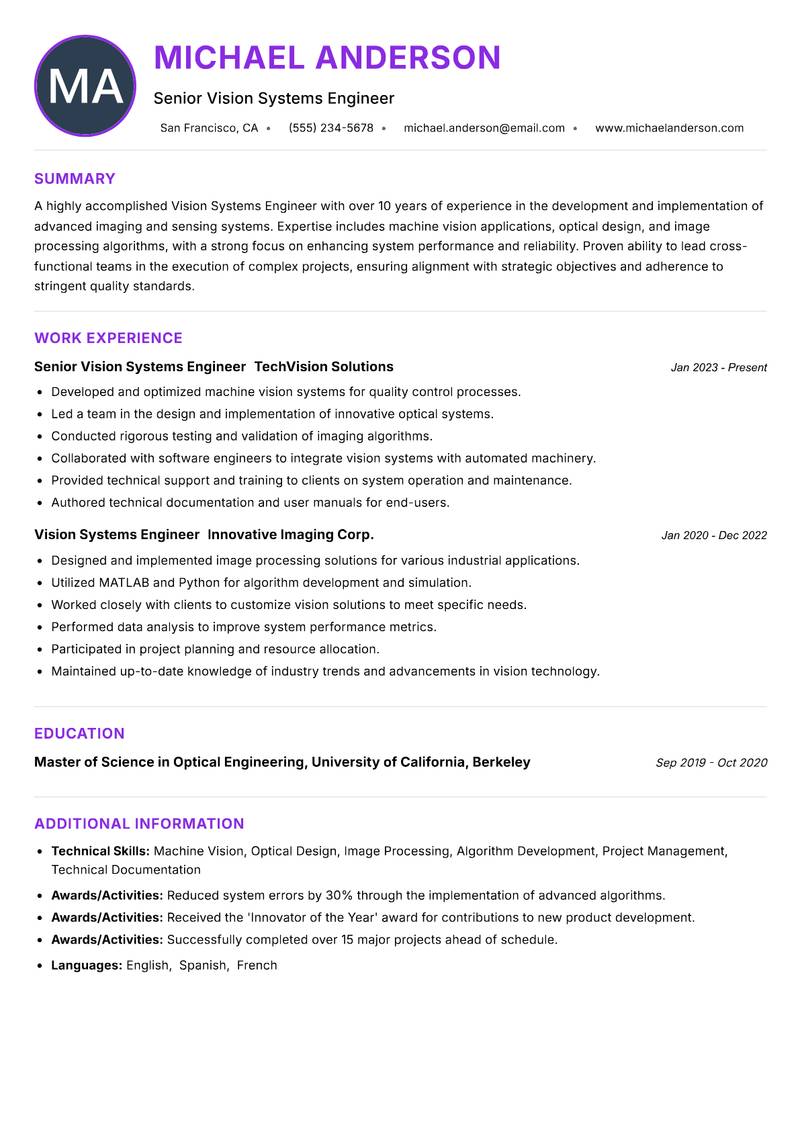 Vision Systems Engineer resume example