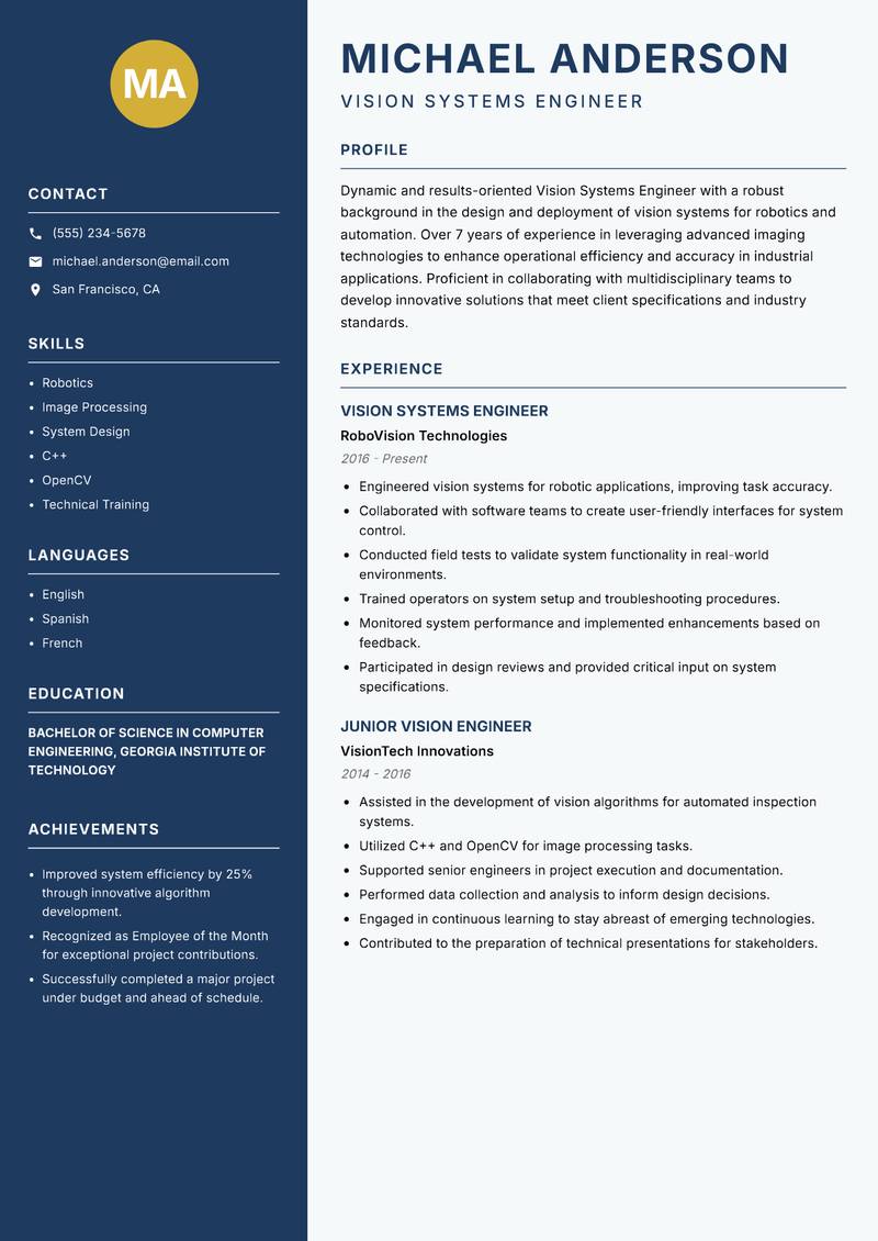 Vision Systems Engineer resume sample — Vision Systems Engineer focus