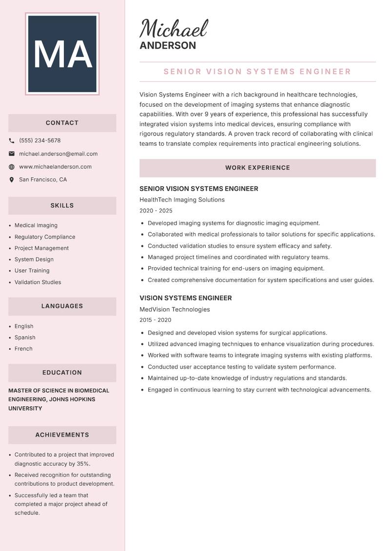 Vision Systems Engineer resume sample — Senior Vision Systems Engineer focus