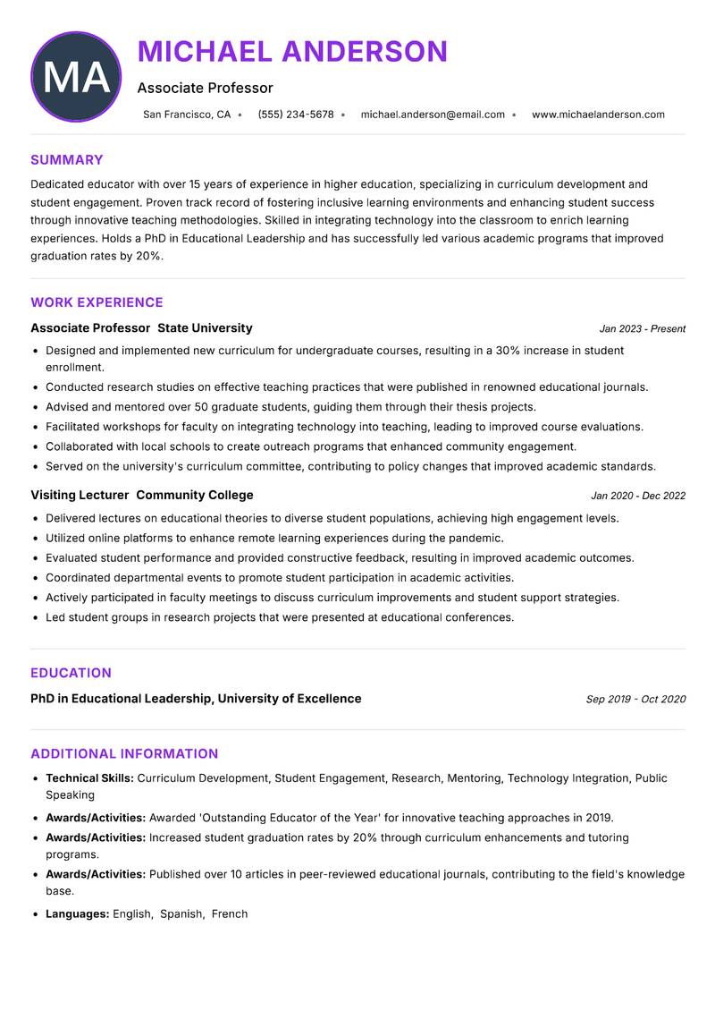 Visiting Professor resume example