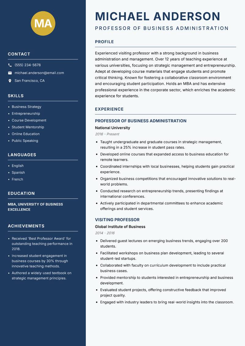 Visiting Professor resume sample — Professor of Business Administration focus