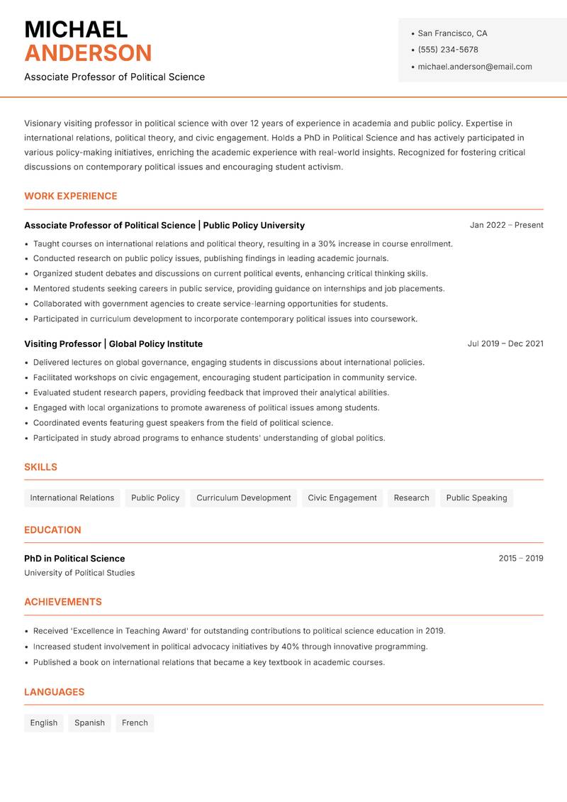 Visiting Professor resume sample — Associate Professor of Political Science focus