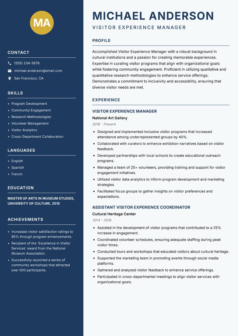 Visitor Experience Manager resume sample — Visitor Experience Manager focus
