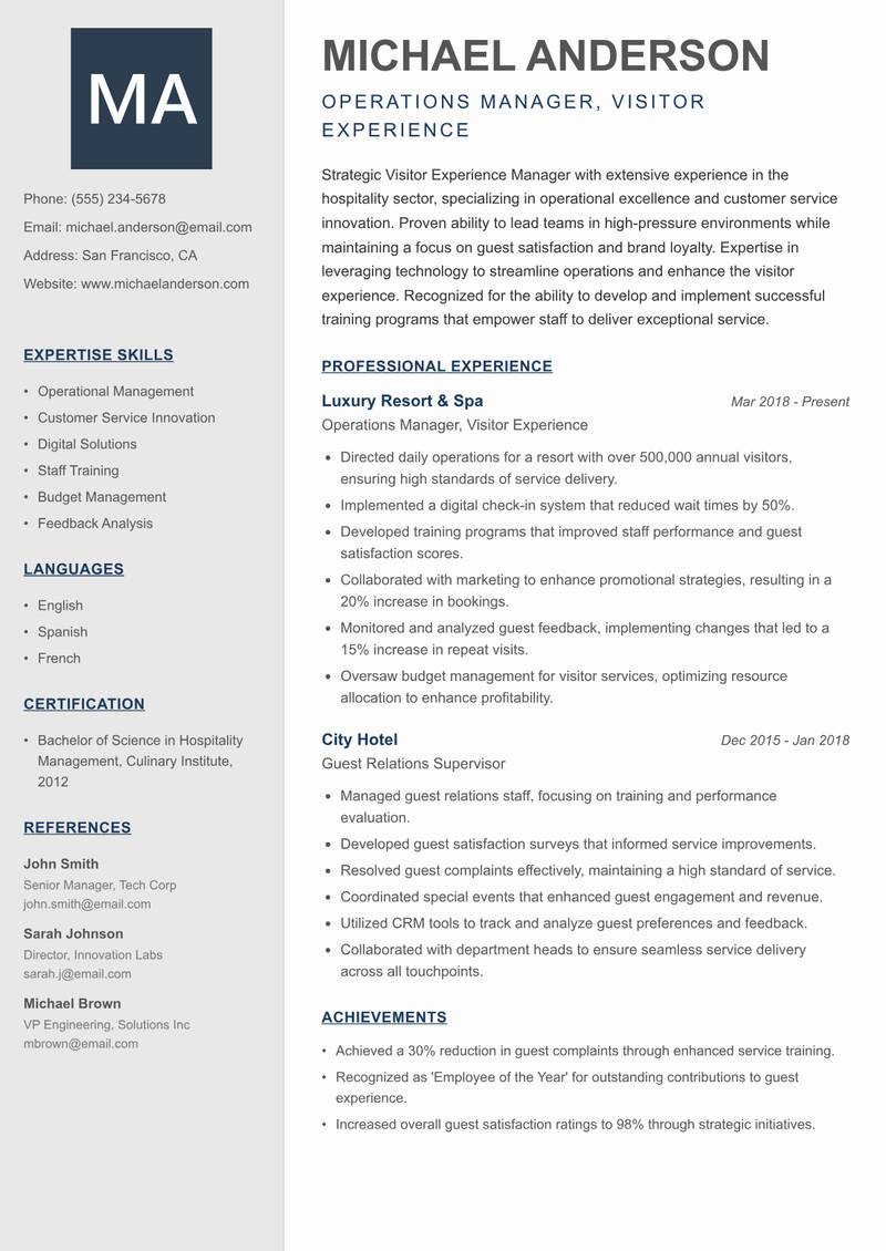 Visitor Experience Manager resume sample — Operations Manager, Visitor Experience focus