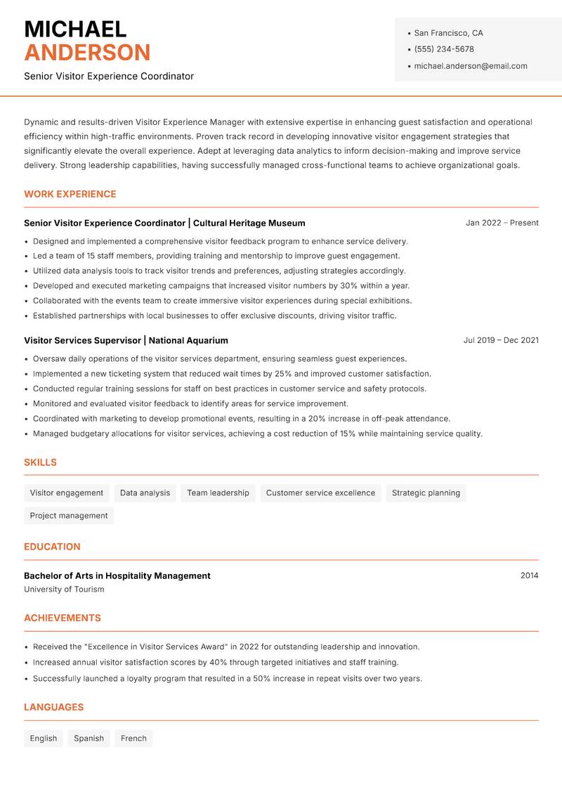 Visitor Experience Manager resume sample — Senior Visitor Experience Coordinator focus