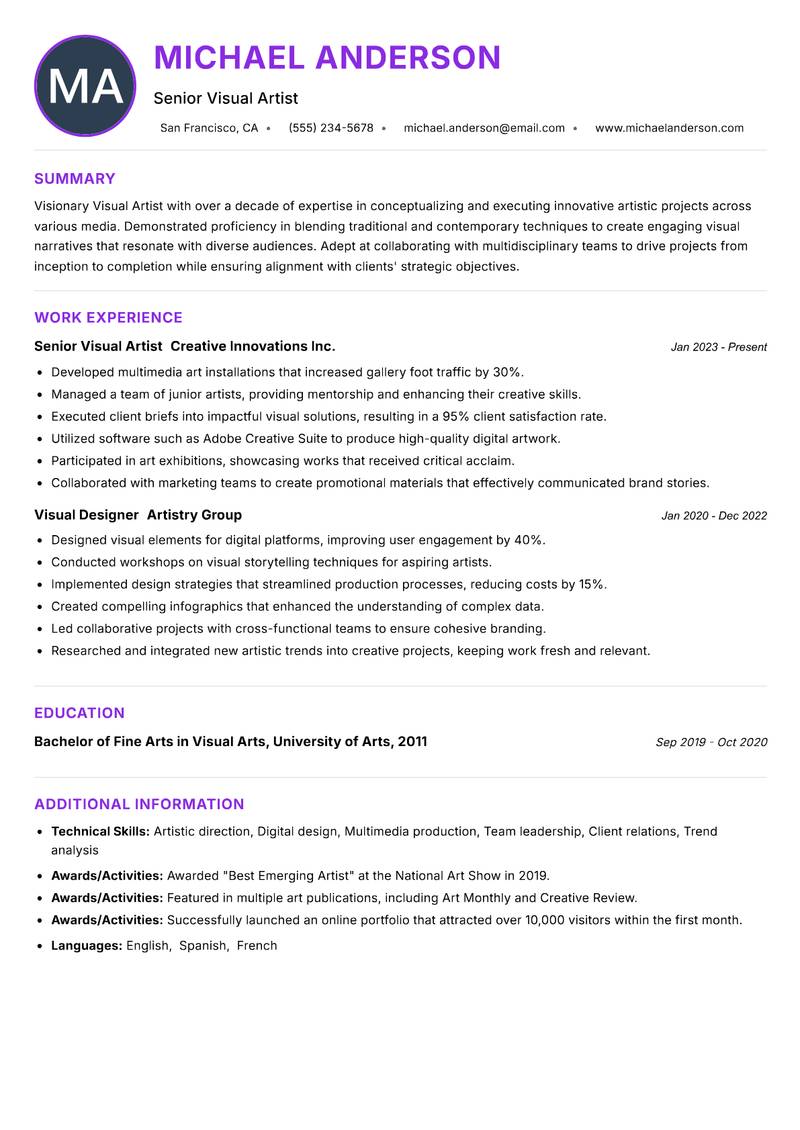 Visual Artist resume example