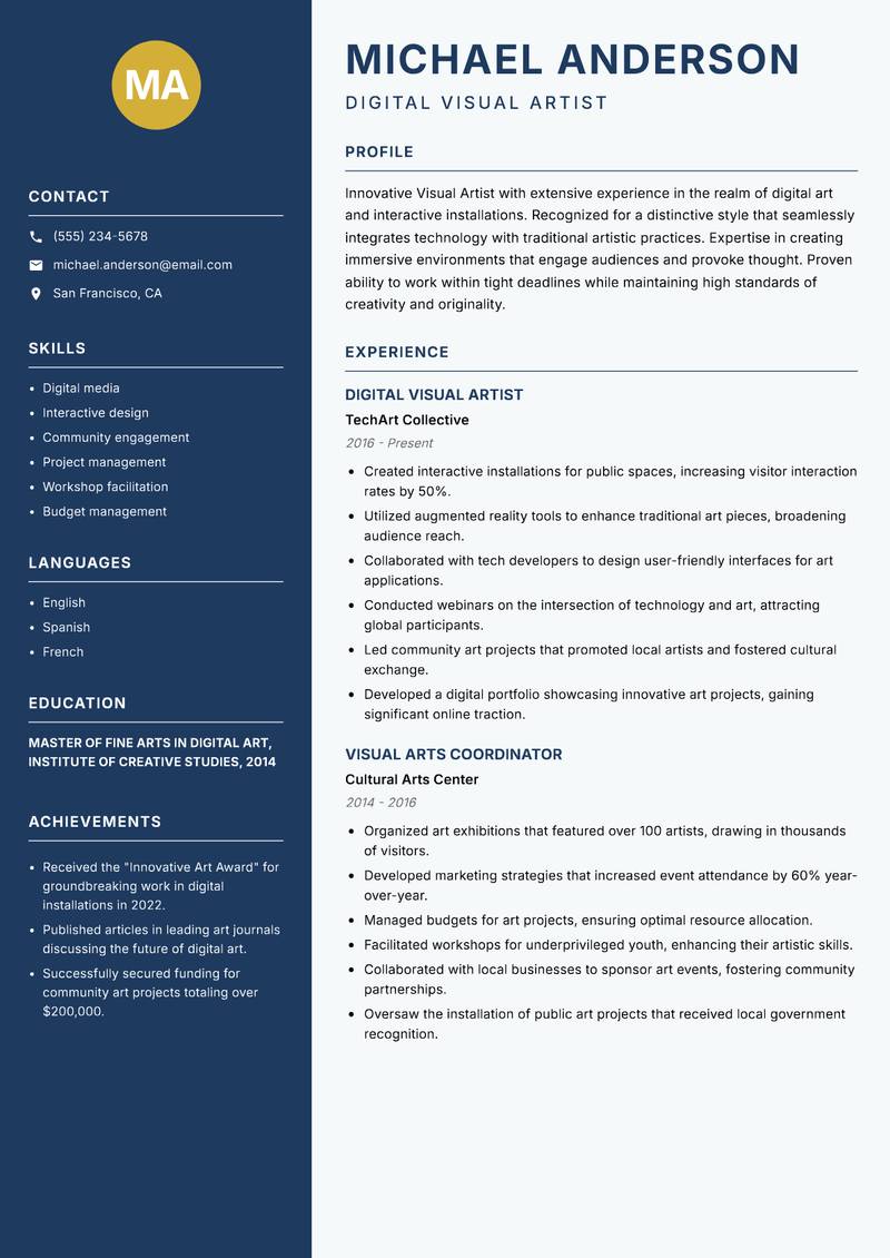 Visual Artist resume sample — Digital Visual Artist focus