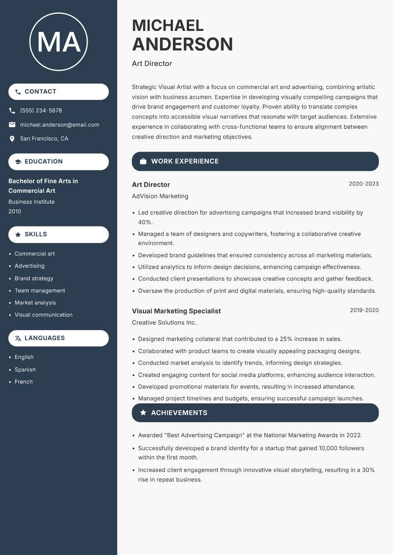 Visual Artist resume sample — Art Director focus