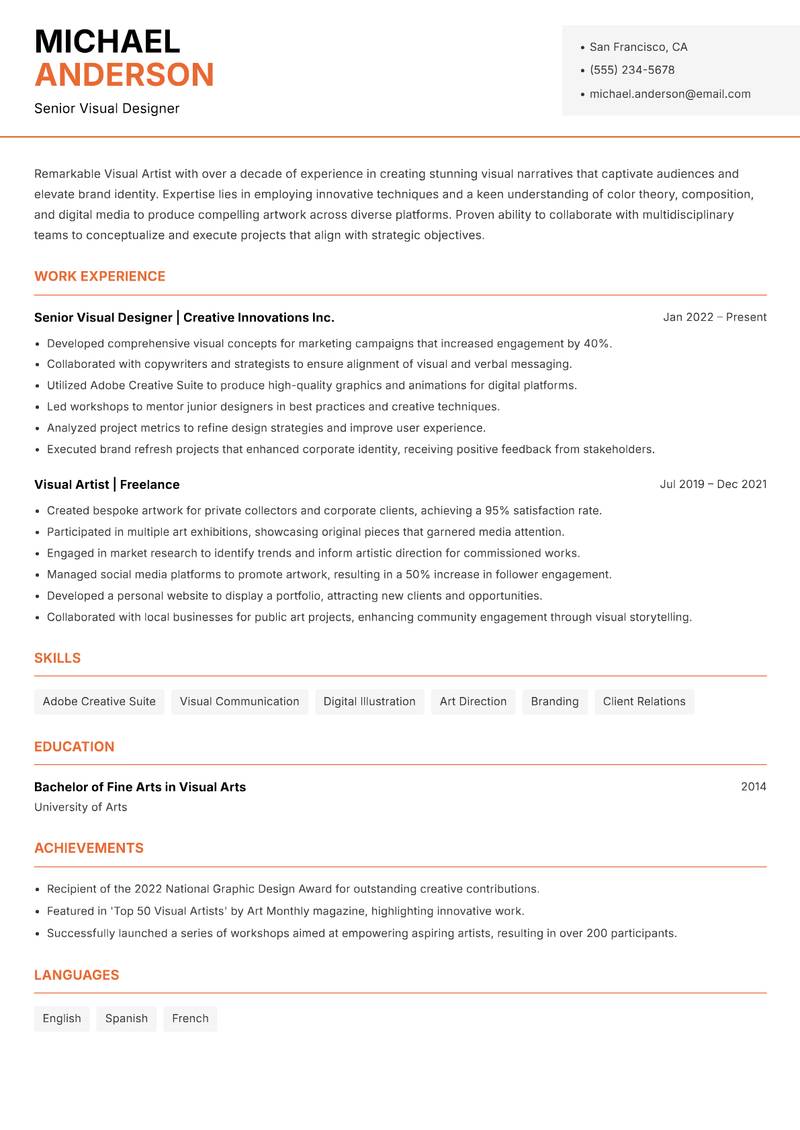 Visual Artist resume sample — Senior Visual Designer focus