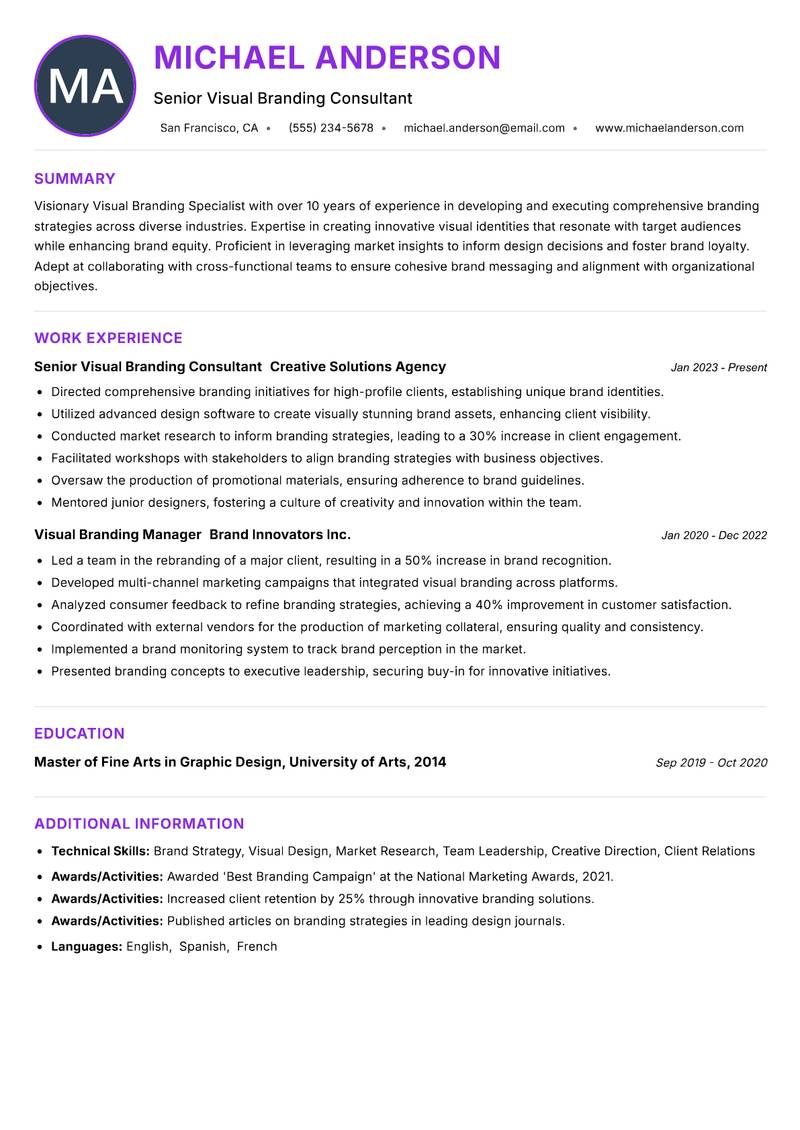 Visual Branding Specialist resume example