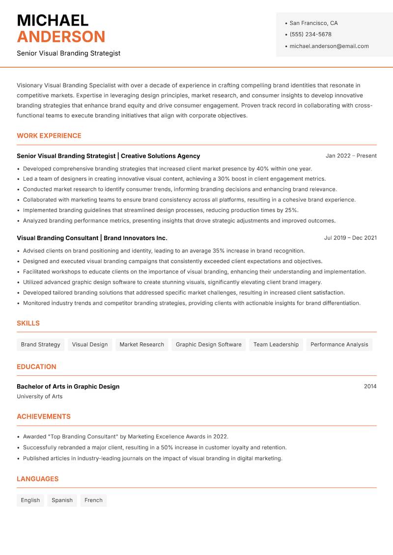 Visual Branding Specialist resume sample — Senior Visual Branding Strategist focus