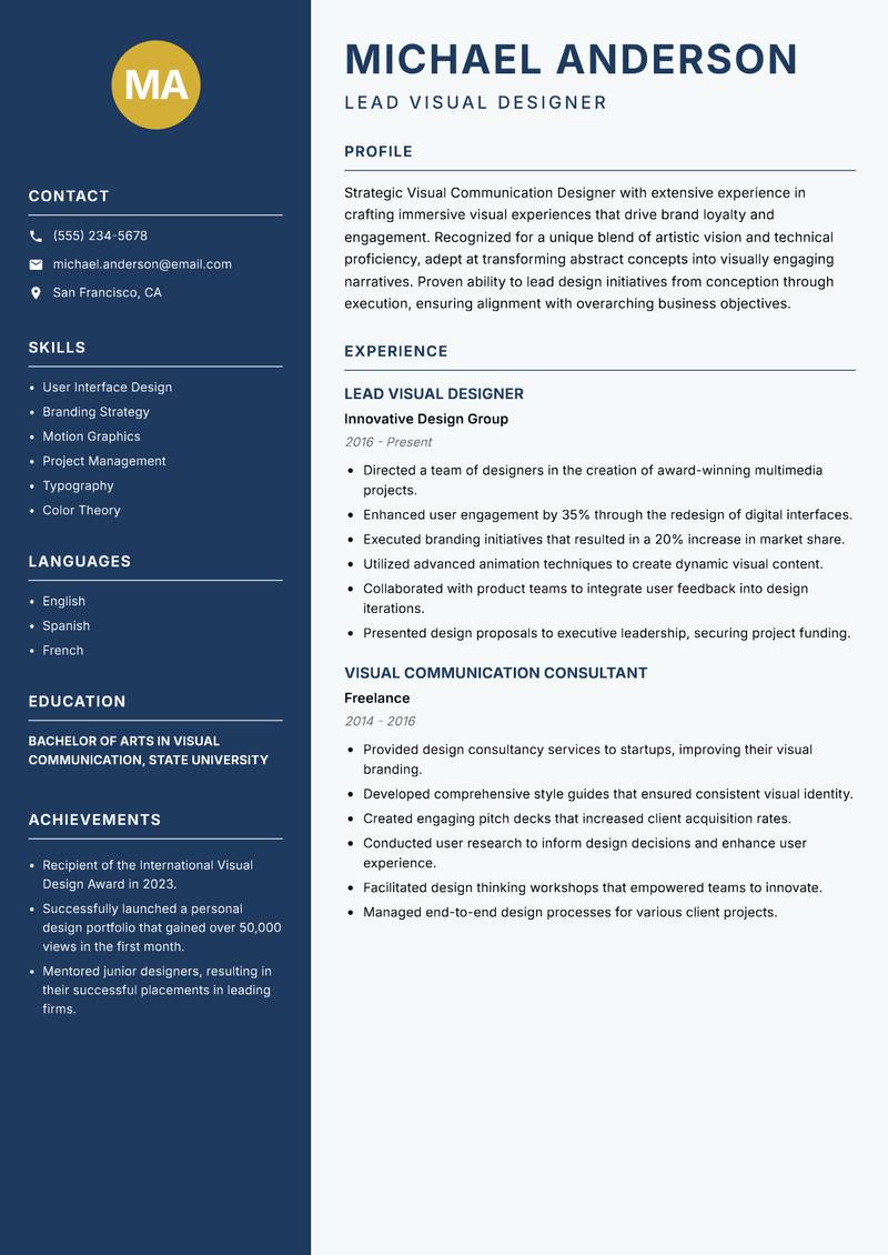 Visual Communication Designer resume sample — Lead Visual Designer focus