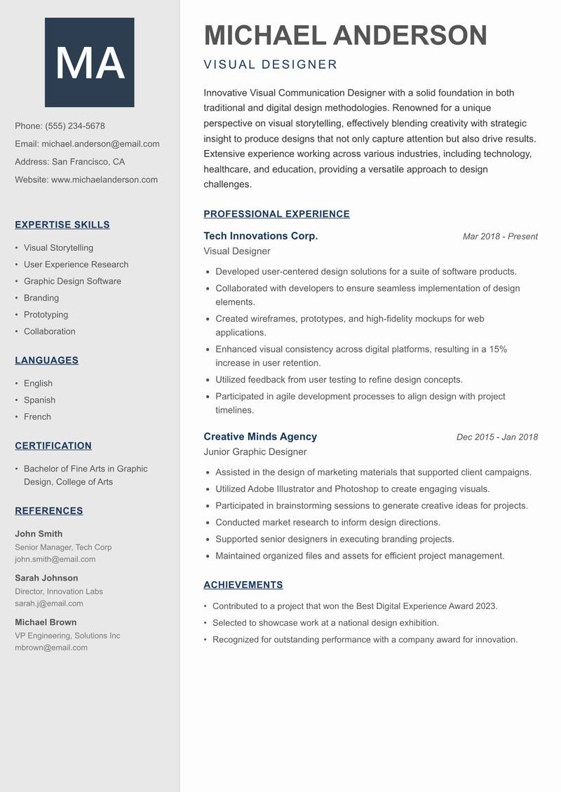 Visual Communication Designer resume sample — Visual Designer focus
