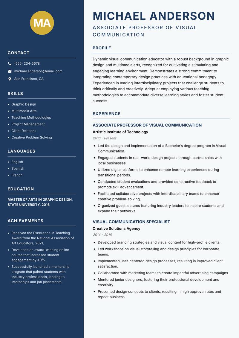 Visual Communication Educator resume sample — Associate Professor of Visual Communication focus