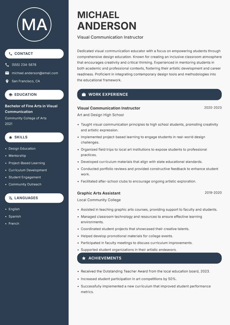 Visual Communication Educator resume sample — Visual Communication Instructor focus